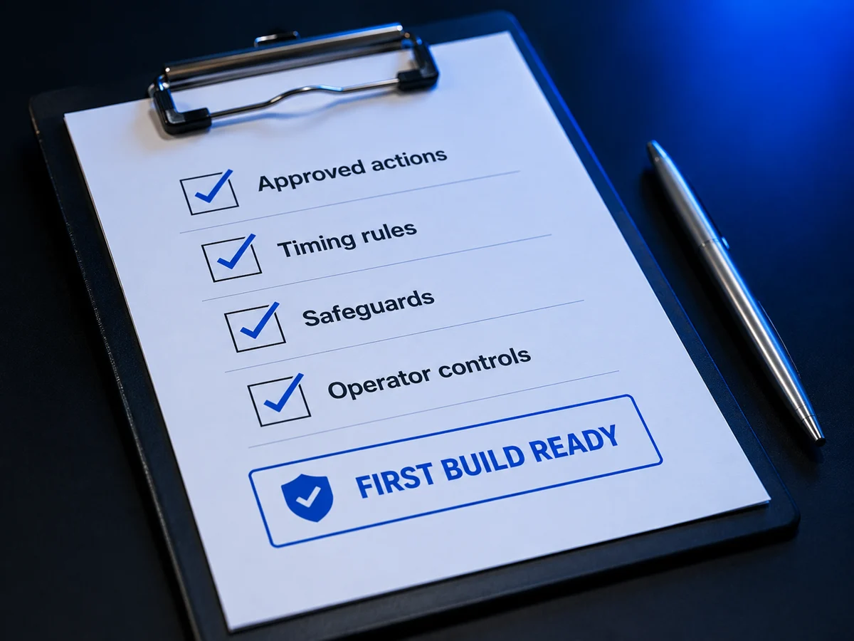 A FinalClerk build checklist with approved actions, timing rules, safeguards, and operator controls